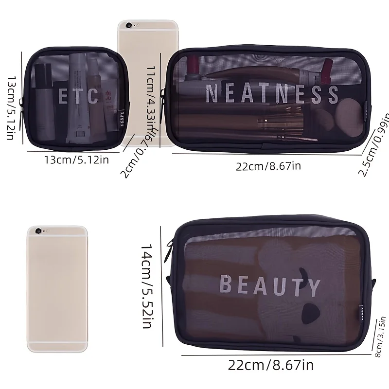 3pcs Wire mesh breathable portable digital storage bag makeup bag makeup pouch toiletry bag storage bag