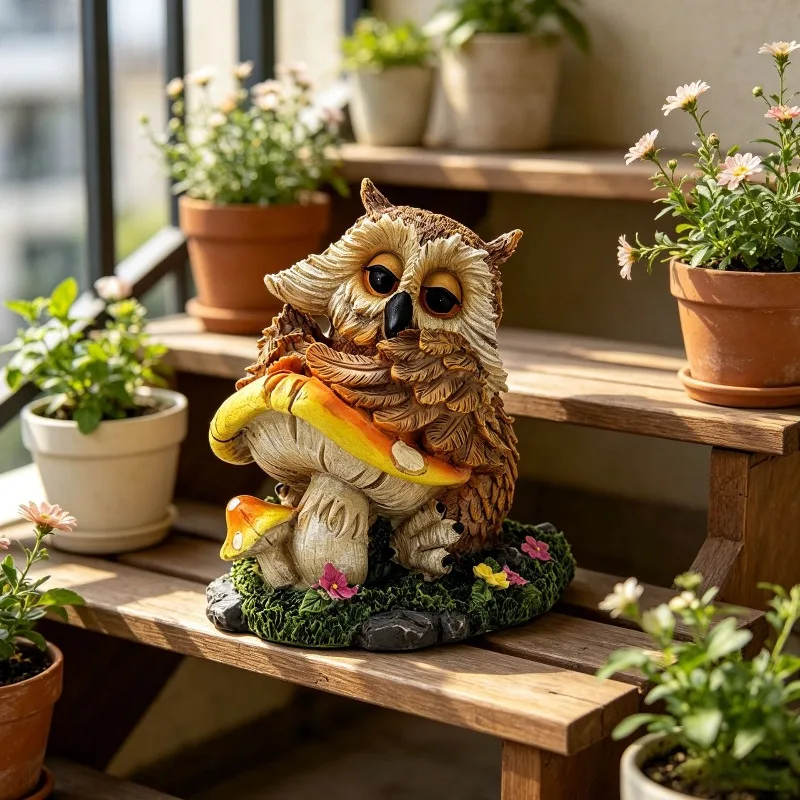 Creative Resin Mushroom Owl Sculpture Ornaments Outdoor Courtyard Balcony Micro Landscape Animal Statue Crafts Garden Decoration