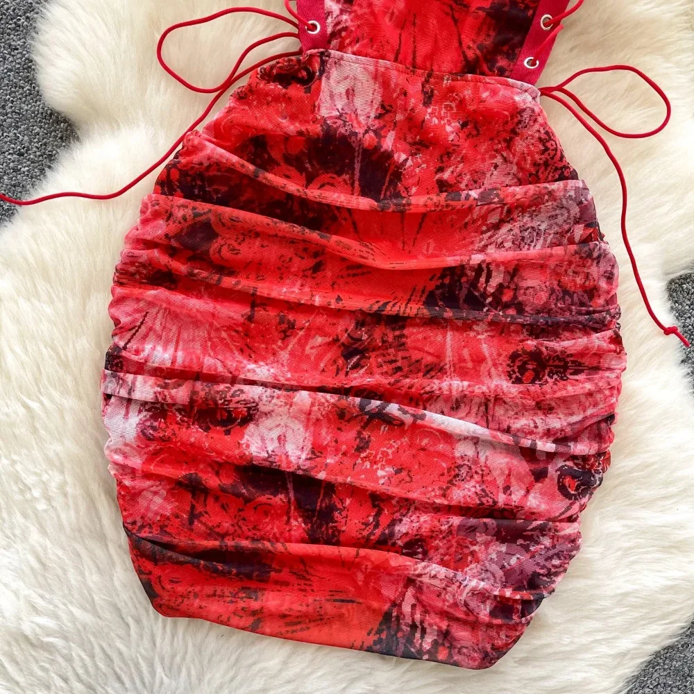 섹시한 컷 아웃 Draw String ﻿   메쉬 주름 인쇄 슬립 드레스 세련된 빈티지 여성 세련된 슬림 여름 연필 드레스