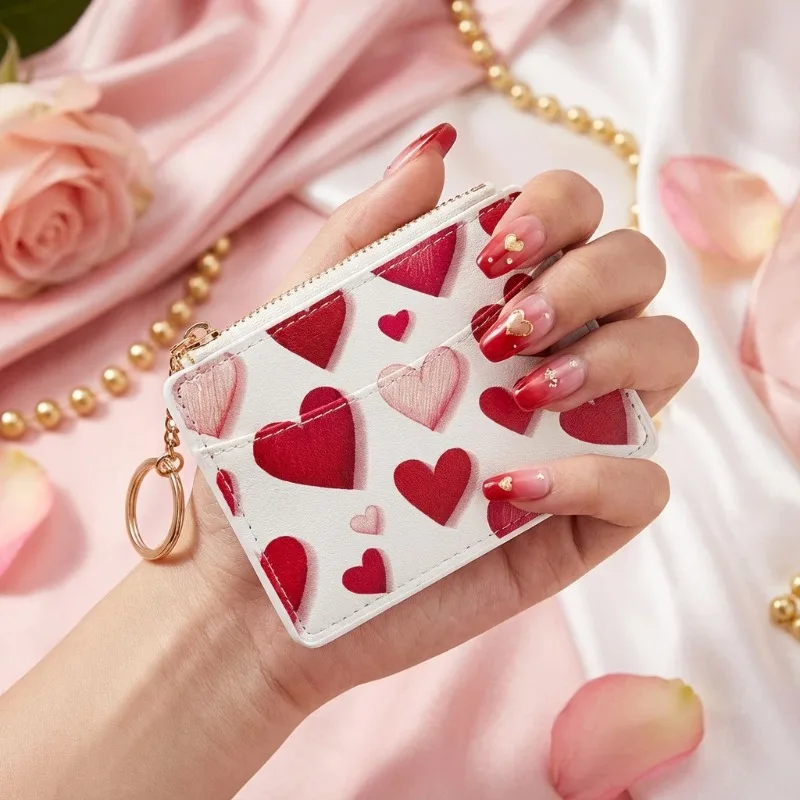 

Red Creative Love-Themed Card Holder wallet Multi-Slot ID Passport Wallet Compact Zipper Coin Purse for Women Girl