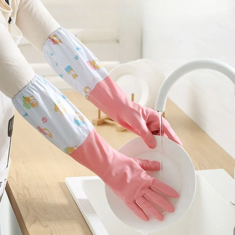 Durable Kitchen Dishwashing Gloves Waterproof Household Chores Gloves Long Cuffs Drawstring Gloves Household Cleaning Tools