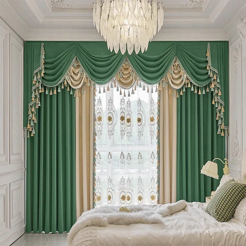 

Custom Size Embroidered Window Screen Velvet Splicing Thickened Curtains for Living Room Bedroom French Balcony Villa Valance