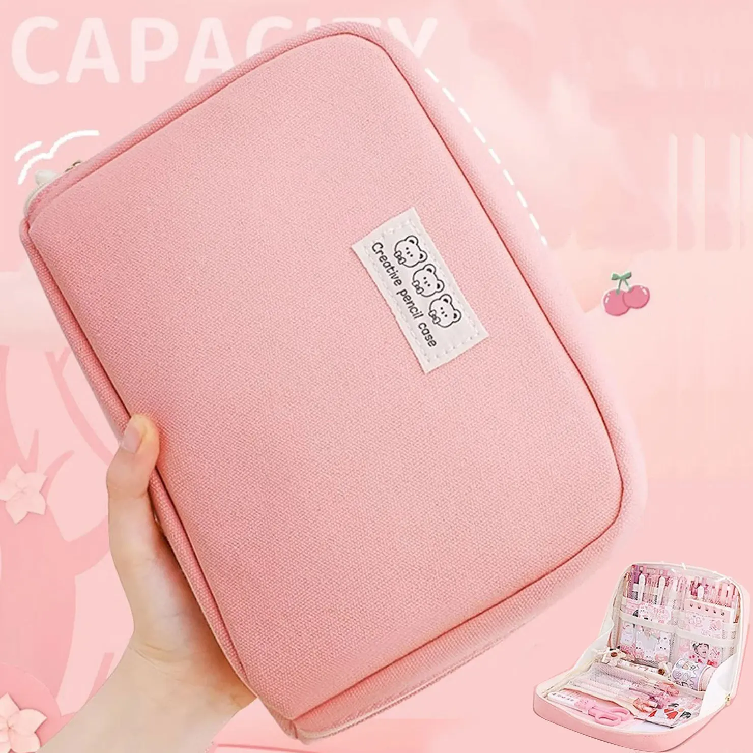 Large Capacity Kawaii Pencil Case Cosmetic Bag Cute Canvas Pen Pouch Organizer Korean for Girl School Office Supplies Stationery