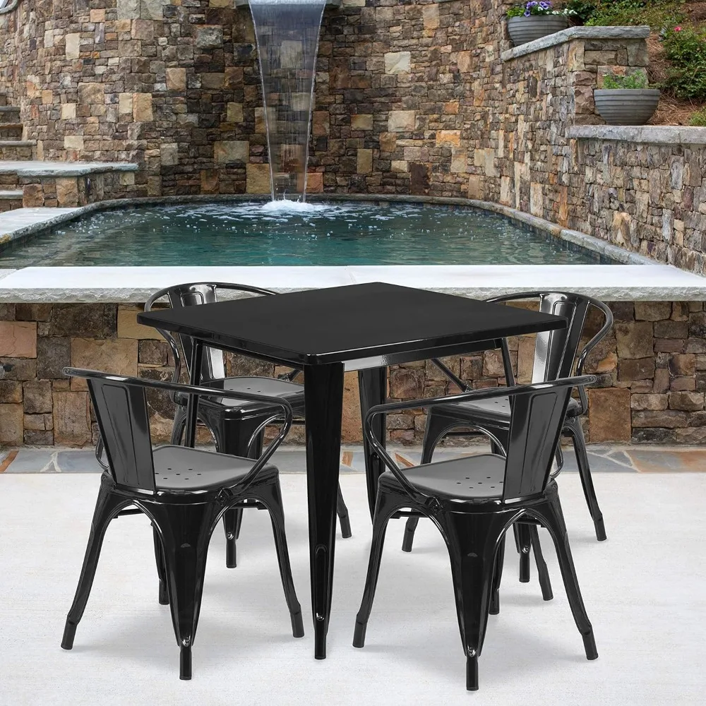 Commercial 31.5" Square  Metal Indoor-Outdoor Table Set with 4 Arm Chairs