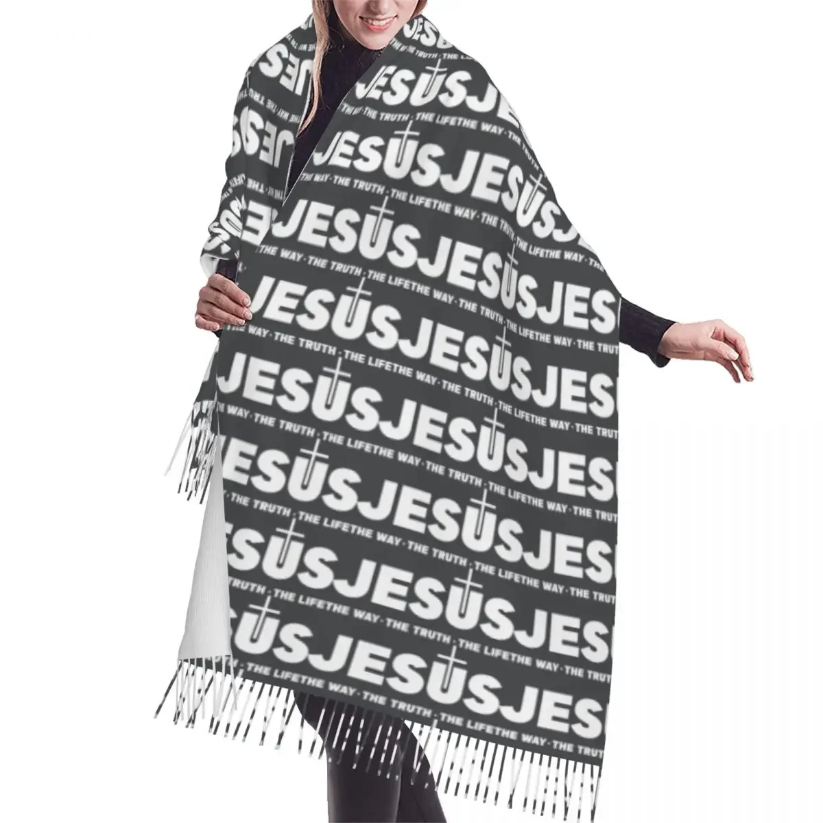 Custom Jesus Christ The Way The Truth The Life Tassel Scarf Women Soft Religion Christian Faith Shawl Wrap Winter Fall Scarves