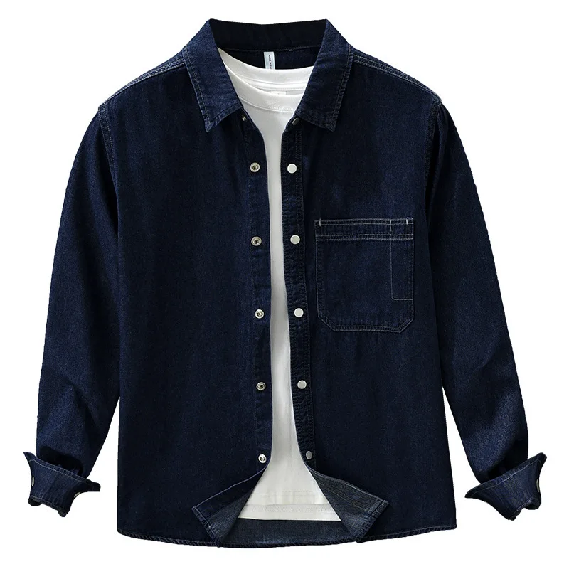 

Korean Style Men Denim Shirt Spring Fall New in Shirts Lapel Dark Blue Jean Shirts Male Streetwear Youth Top Snap Button Shirt