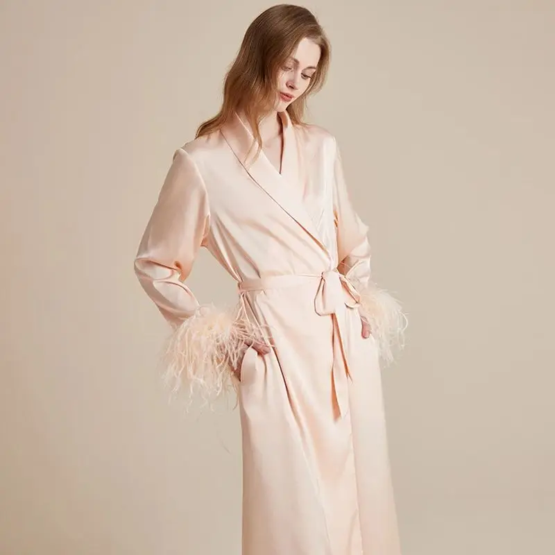 Wedding bridal Luxury Women\'s High-quality Detachable Feathers Pajamas Satin Sleepwear Homewear Loungewear Women Sets Nightwear