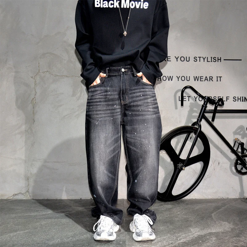 Retro Washed Black Loose Straight Jeans for Men, American Streetwear Casual Versatile Denim Trousers