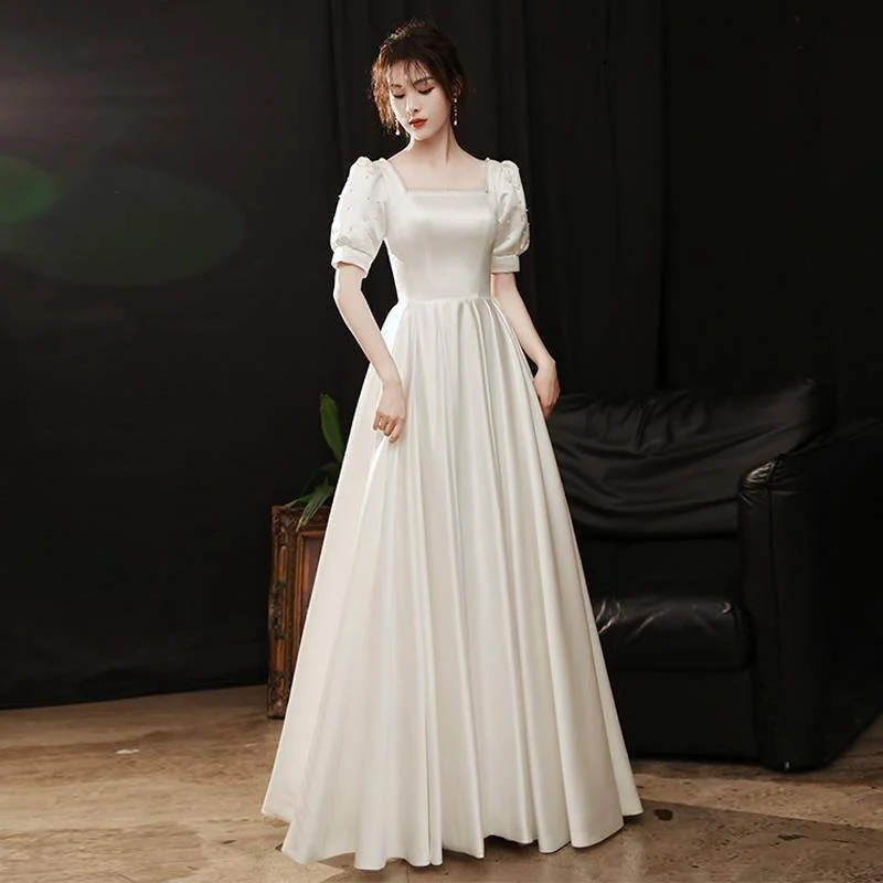 

White Formal Civil Elegant Satin French Retro Hepburn Long Gown Wedding Wedding Dress 011