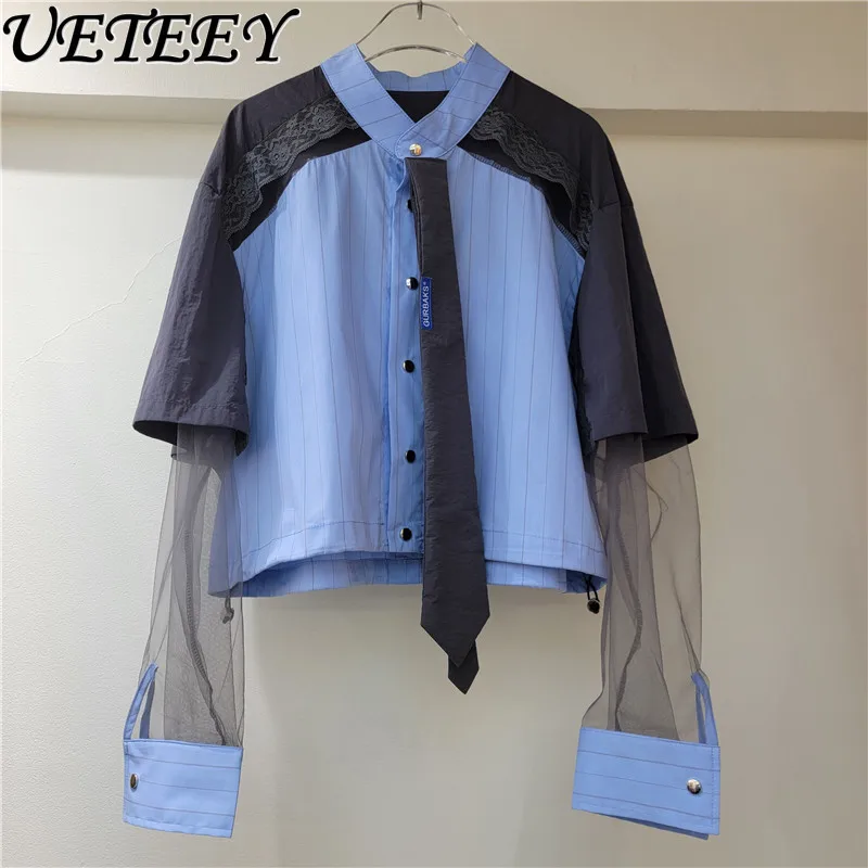 

Lace Splicing Contrasting Color Long-sleeved Shirt Women's 2025 Summer New Tie Stand-up Collar Fake Two-piece Shirt Design Top