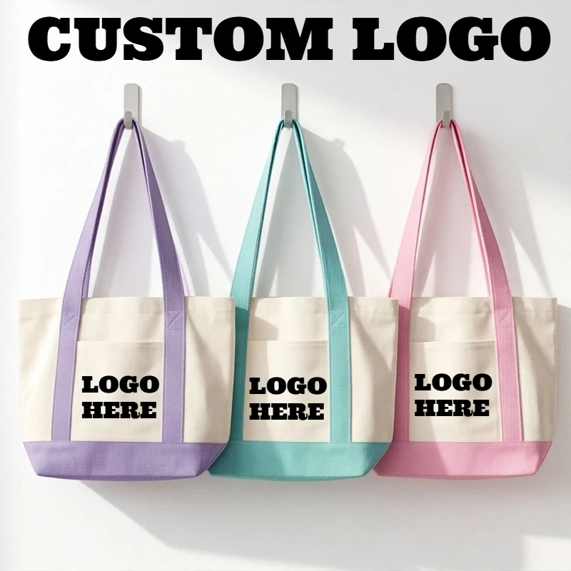 Custom Printed Logo Contrasting Color Stitching Large Capacity Canvas Tote Bag Women's Portable Eco-friendly Shopping Bags