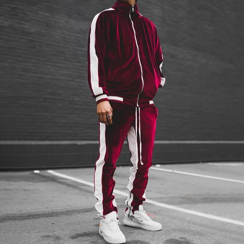2025 Cross Border Mens Velvet Tracksuit   Solid Color  Contrast Trim  Retro Casual Jacket   Set