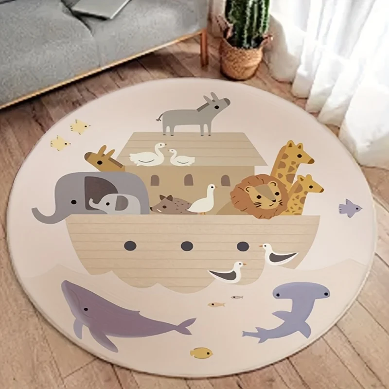 Chic Round Safari Animal Rug Mat for Nursery Kids Bathroom Decor Washable Play Area Floor Rug Lion Giraffe Jungle Zoo Theme