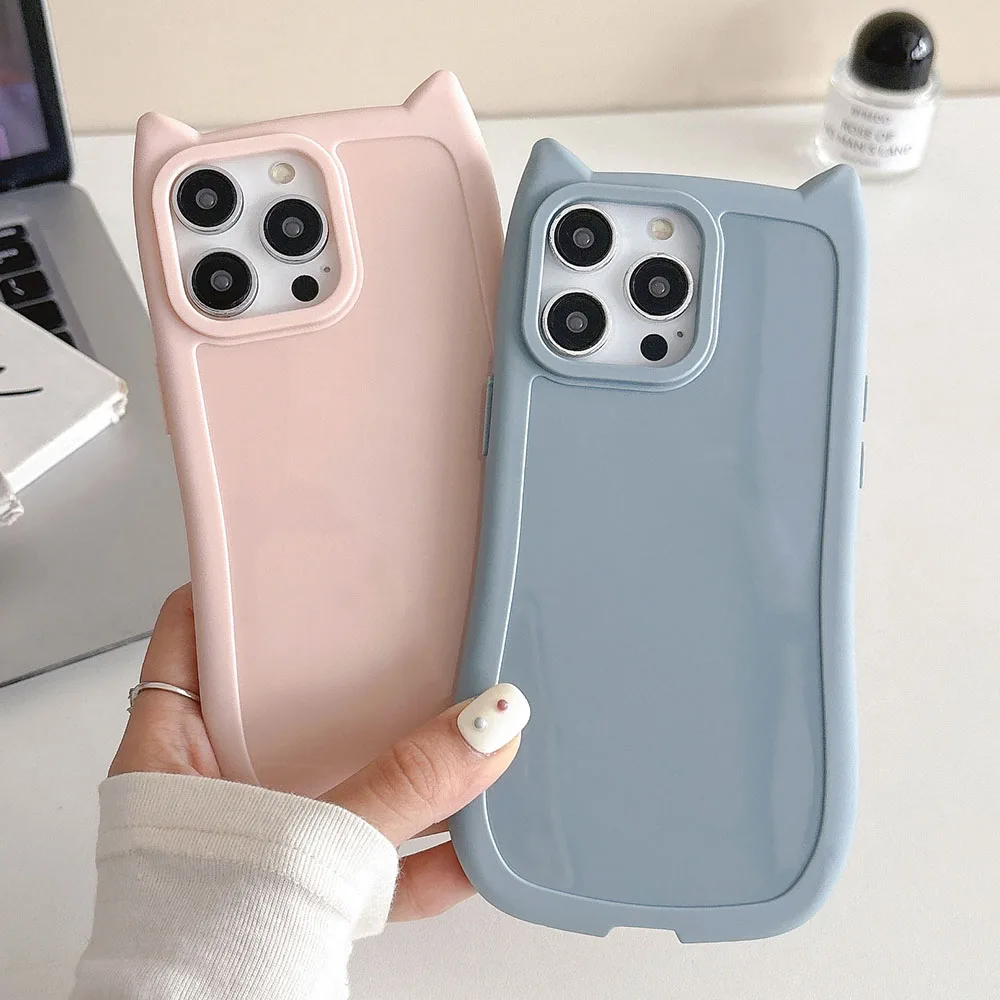 Korean Cat Ear Candy Color Case For iPhone 11 13 12 14 15 Pro Max 16 14Pro Max Cartoon Kitten Shockproof Girl Soft Back Cover