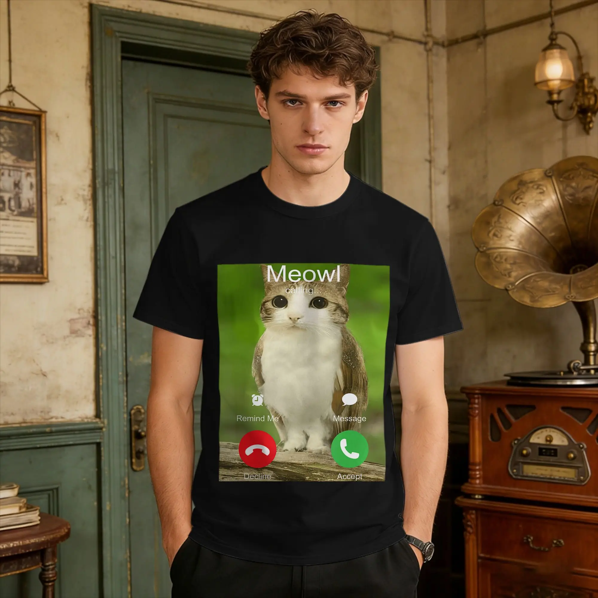 Is Calling Decline Accept Phone Call Funny Cat Meme T Shirt  T Shirts Short Sleeves Awesome Tops Summer Cotton Oversize Tees