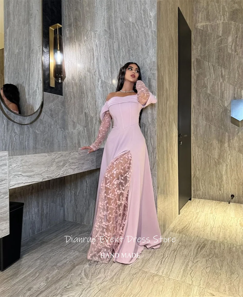 Dianruo ロマンチックなピンクオフショルダーイブニングドレスサテンレースパーティードレスイリュージョン非対称サウジアラビアカスタマイズ