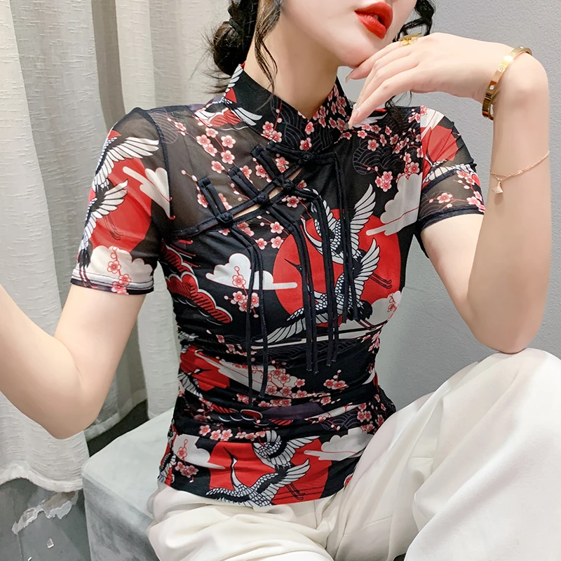 

2023 Summer Short Sleeve Printed T-Shirt Women's Mesh National Style Top High-end Design Stand-up Collar Buckle