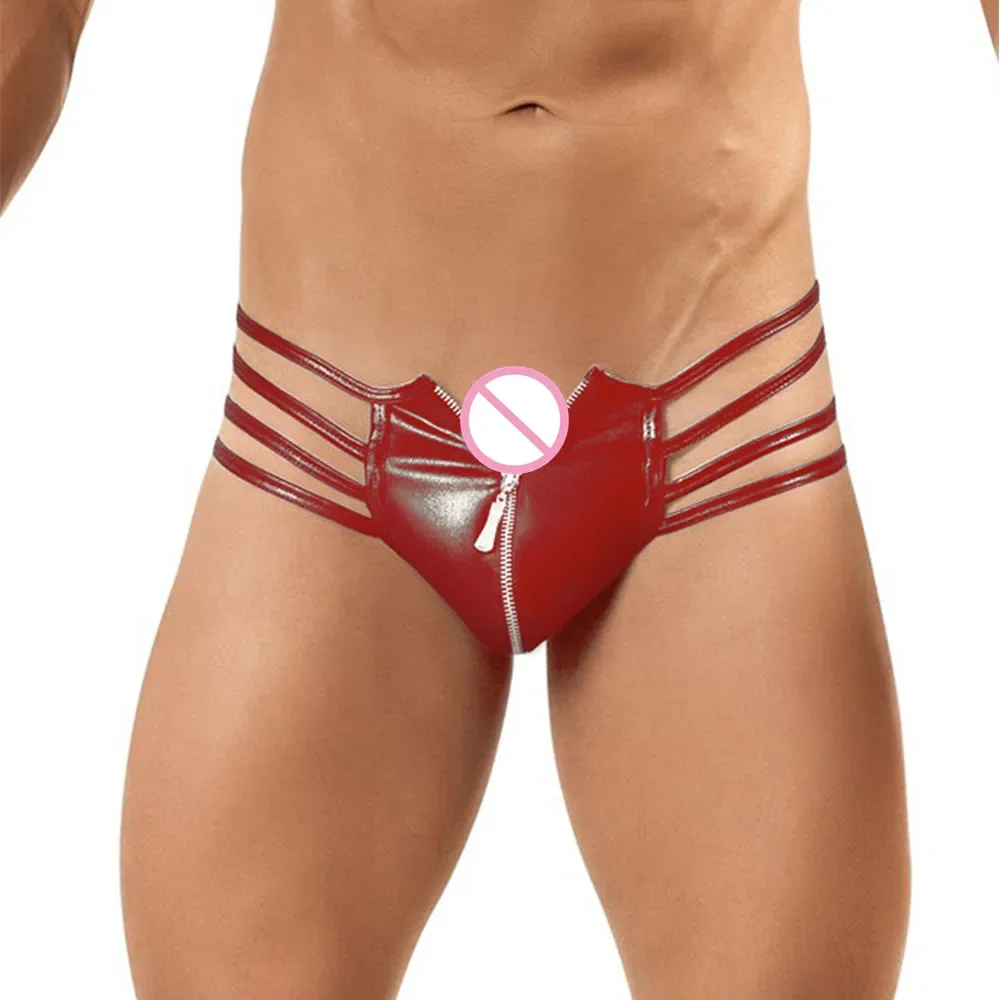 

5 Colors S-3XL Sexy Men PU Thongs Gay Underwear Men Bandage Leather Backless Crotch Panties Lingerie Front Zipper U Bulge Shorts