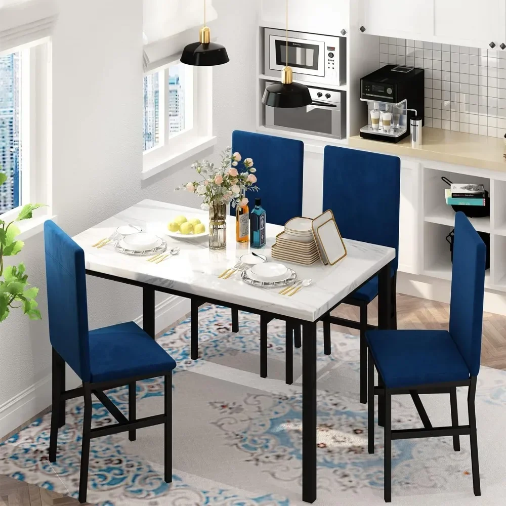 Juego de mesa de comedor para 4 mesas y sillas de cocina que ahorran espacio para 4, tablero de mármol sintético de estilo moderno y 4 sillas de terciopelo azul