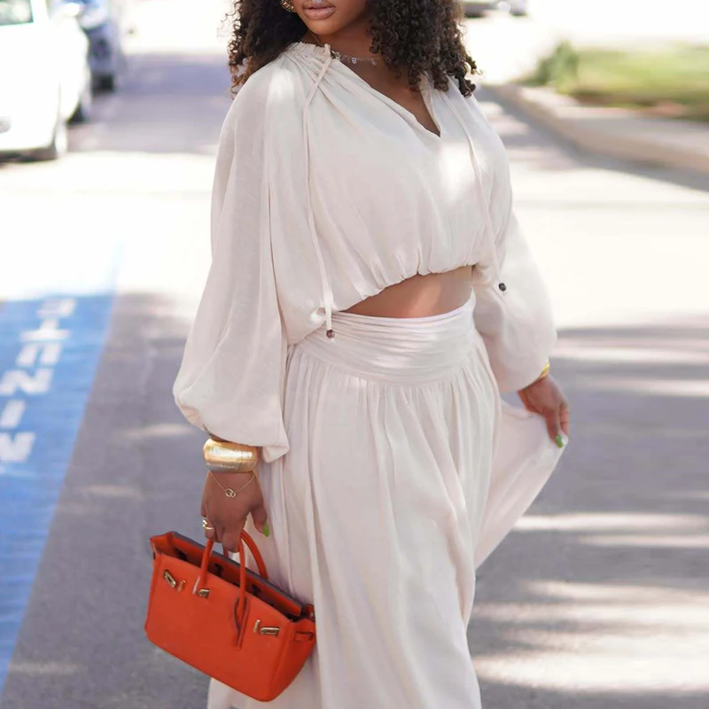 Spring Autumn Simple Loose Commuting Outfit Elegant Women Holiday Suit Casual V Neck Lantern Sleeve Top and Long Skirt Party Set - view 3