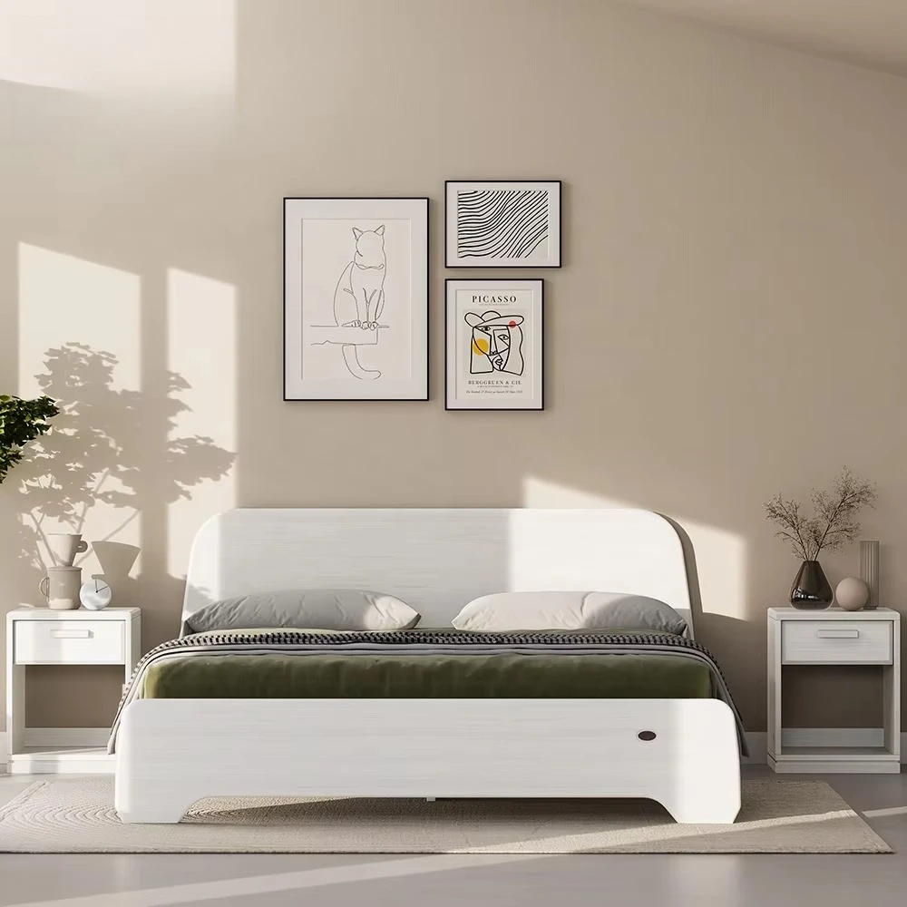 White Colour Solid Pine Wooden King Size Bed Bedroom Furniture