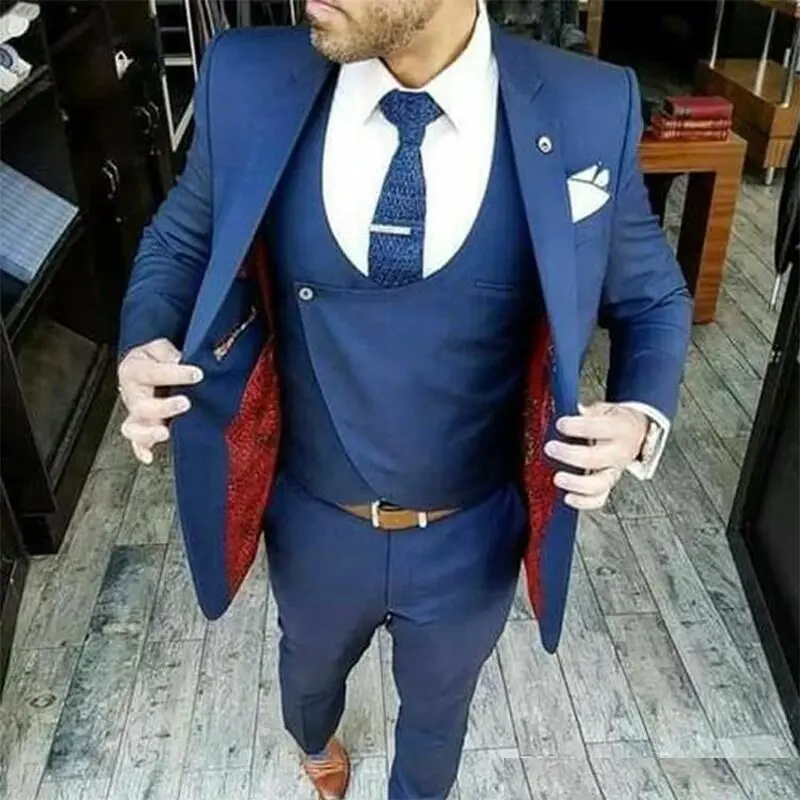 3 Piece Blue Men Suits Slim Fit Notch Lapel Single Breasted Suit Men Wedding Prom Business (Blazer+Vest+Pants) Grrom Tuxedos