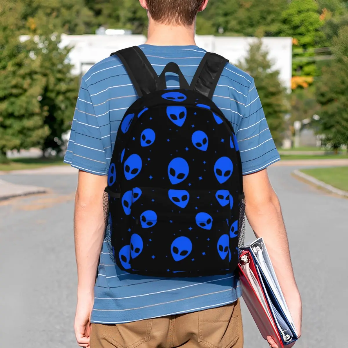 Mochila con patrón de Alien de Ciencia ficción Para hombres y mujeres, bolsa de libros para estudiantes universitarios, se adapta a bolsas para portátiles de 15 pulgadas, azul y negro