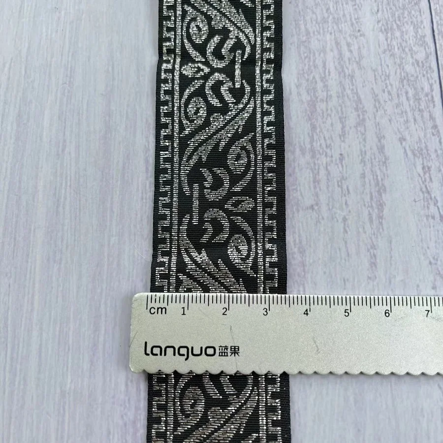 10 Yards/lots Woven Jacquard Ribbon 3.5 Cm Black Background Silvery Pattern LS-3891