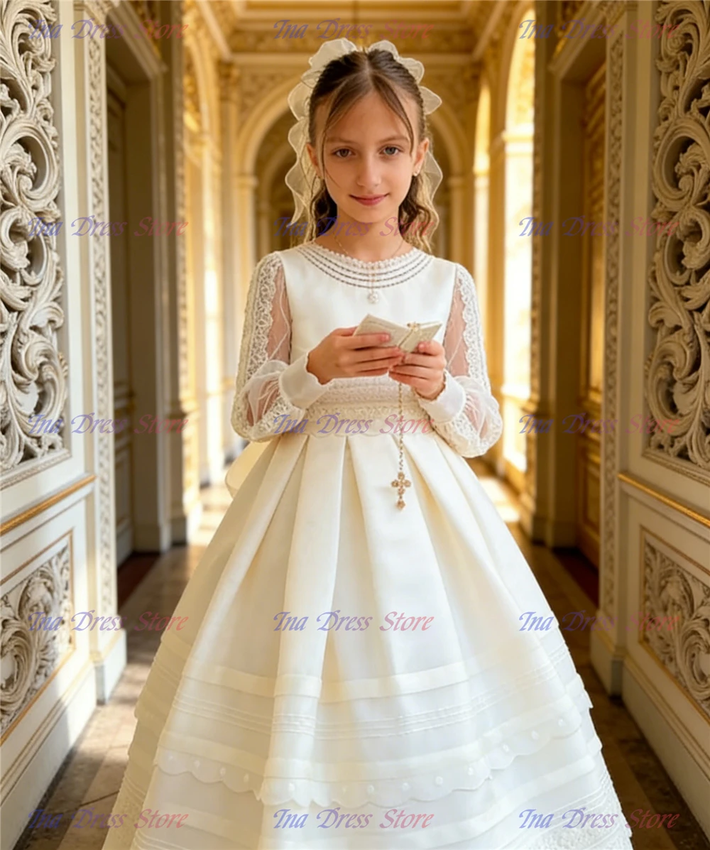 

Качественные элегантные платья для первого причастия из атласа с пышным кружевом и цветочным принтом, платья для девочек-цветочниц, вечерние бальные платья для принцесс на свадьбу