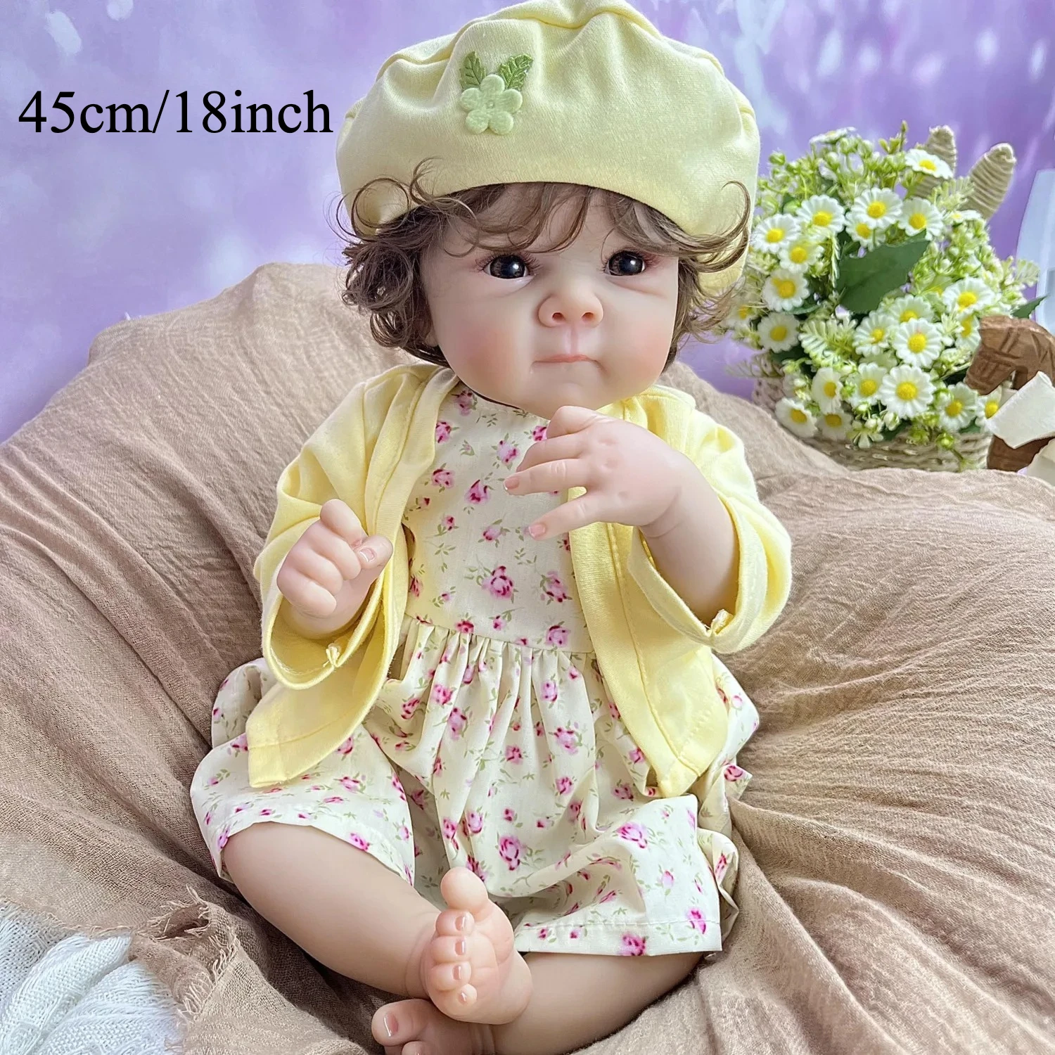 AONPENG 18inch Vinyl Limbs Cloth Body 45 CM Baby Doll Toy For Kids Birthday Gift Bedtime Toy Curly Brown Hair Humanoid Dolls