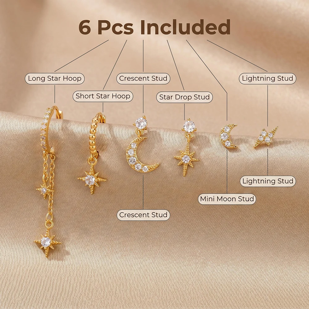 6Pcs Star Moon Charm Earrings Set for Women, Gold Plated Cubic Zirconia Dangle Starry Chain & Stud, Celestial Ear Stack Jewelry