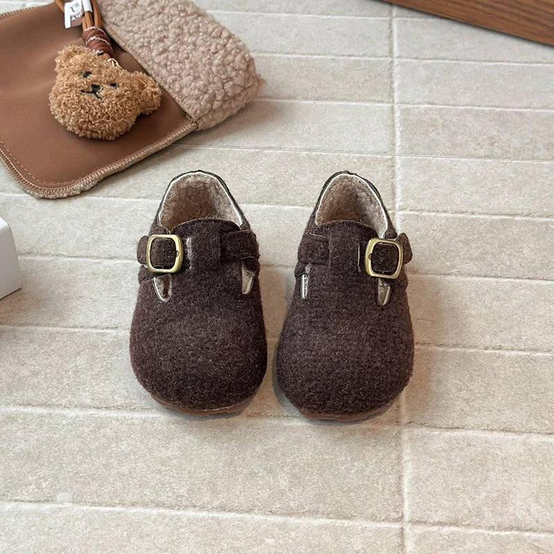 Winter New Children Flat Shoes Fur Cover Toe Light Warm Kids Casual Shoe 2026 Plush Warm Non-slip Leisure Comfy Boys Girls Shoe