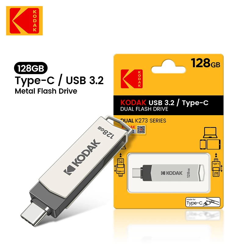 100% Original KODAK USB3.2 Pendrive K273 Metal USB Flash Drive USB3.2 Gen1 Type C OTG Pen Drive High Speed 128GB for Car Laptop