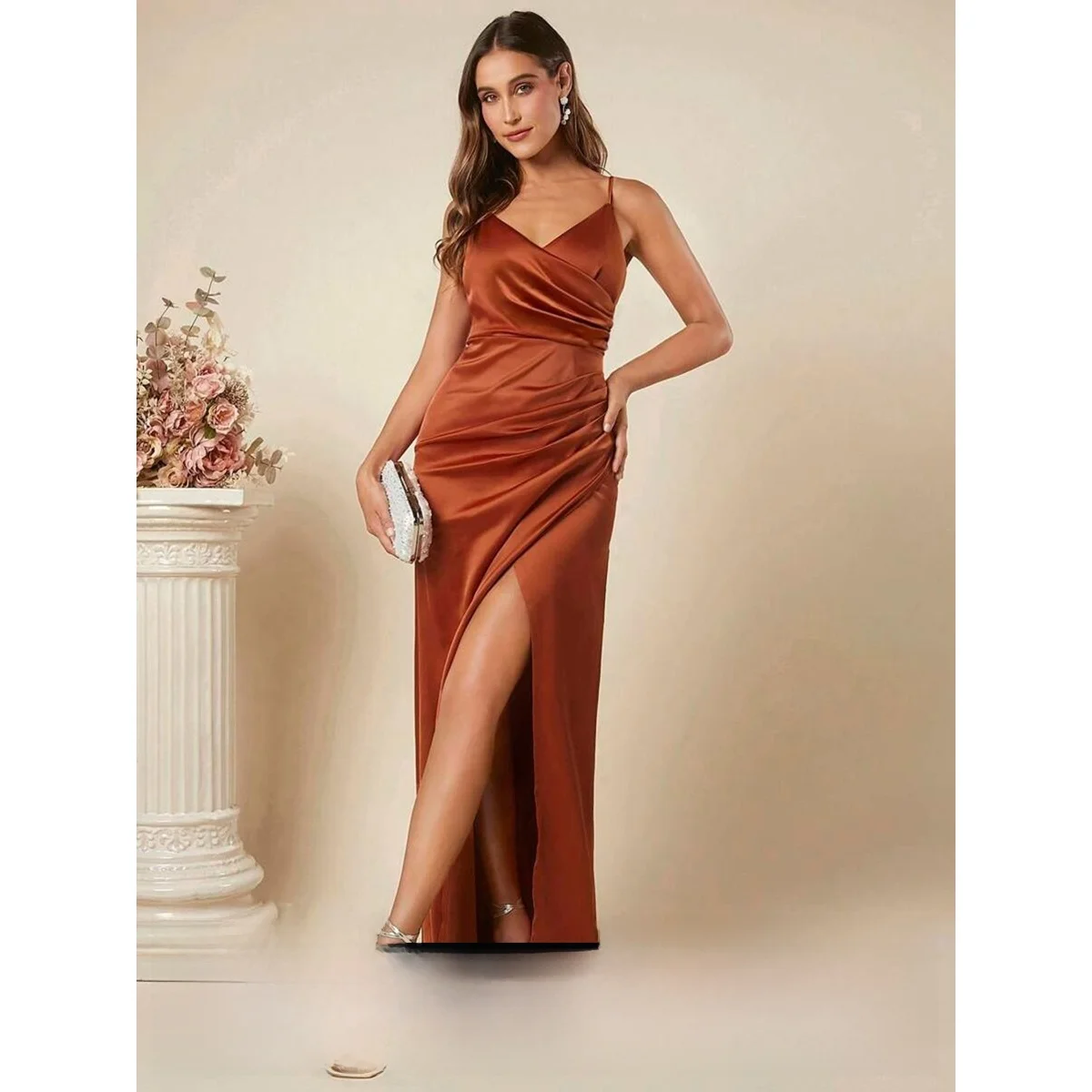 エレサテンテールドクスボーダー春夏新作セクシーなプリーツミディドクメイドドクスヴェルガウン