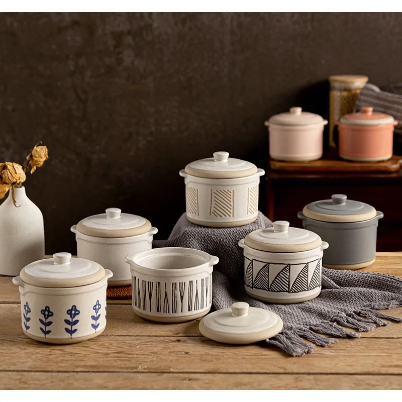 Japanese Style Coarse Pottery Stew Pot with Lid Water-proof Stew Pot Household Bird's Nest Steaming Egg Bowl Ceramic Cookware