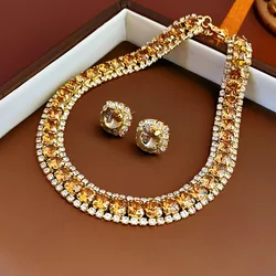 Inlaid Rhinestone Two Pcs Sets for Women 2024 New Fashion Sparkle Earring and Necklaces Wedding Party Yellow Jewelry Sets Gift