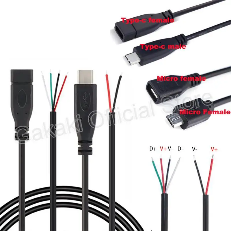 Micro USB 2.0 A Female Male Jack Power Supply Extension Cable 4 Pin 2 Pin 4 Wires DIY Data Line Charging Cord Type-C Wire