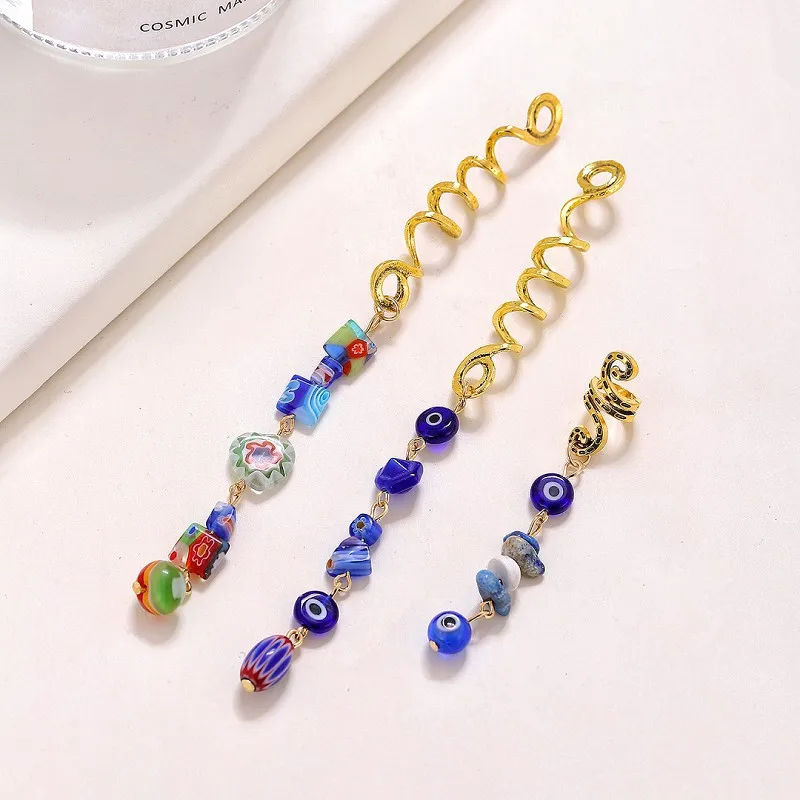 1/3pcs Blue Stone Pendant Hair Rings Dreadlock Styling Accessories Cuff Clip Hair Braid Dirty Spiral Braid Beads Hairpin Jewelry