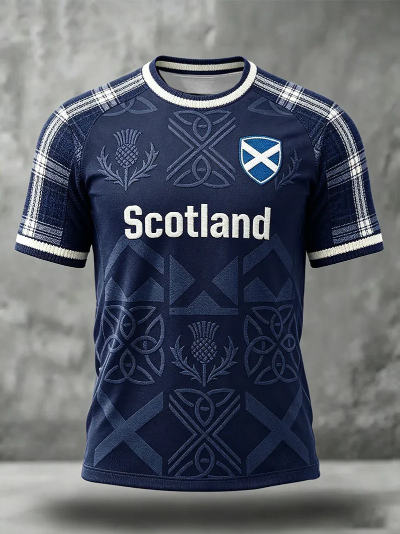 Scotland Thistle Saltire Flag Celtic Pattern Tartan Sleeve Graphic T-shirt Men Scotland National Style Football Short Sleeve Tee