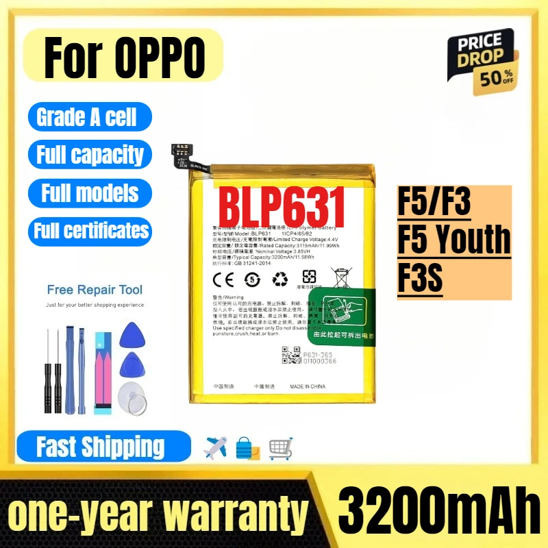 

BLP631 for OPPO F5/F3/F5 Youth/F3S Mobile Phone Battery High Quality High Capacity Replacement Bateria Grade A Cell with Tools