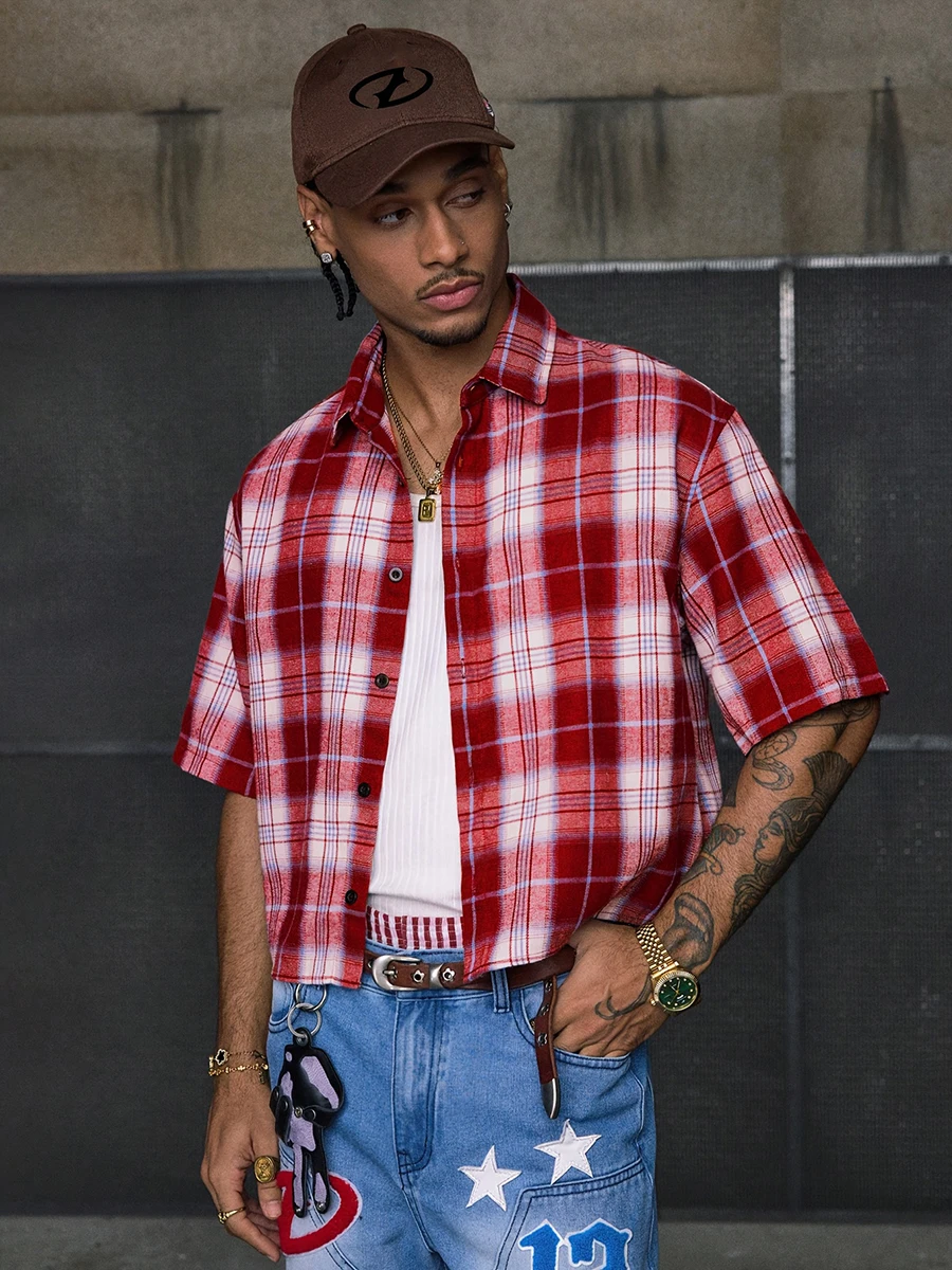 Men's Casual Cut Red Checkered Short Sleeved Shirt with Checkered Buttons, Suitable for Street Style