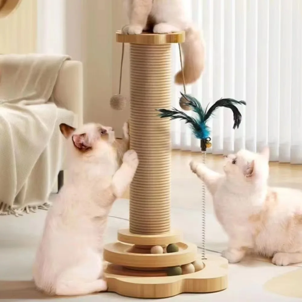 Pet Cats Toy Solid Wood 4-In-1 Swivel Scratching Post Cats Turntable Pets Teasing Stick Sisal Scratching Board Pussy Supplies