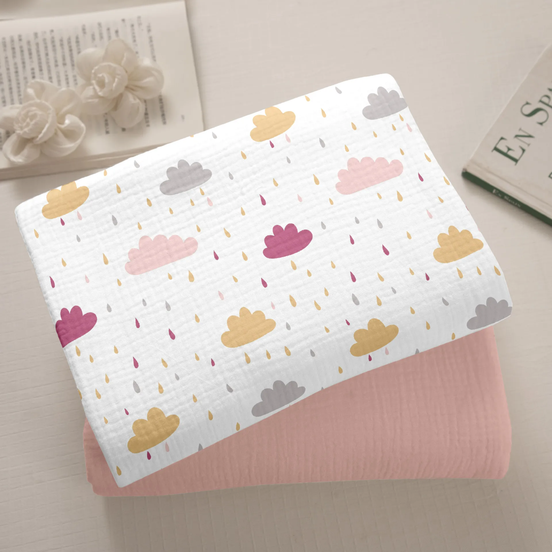 160x50cm Pink Rainy Double-layer Gauze Crepe Fabric Sewing Cotton Cloth, for Sleeping Clothing Sewing Cloth