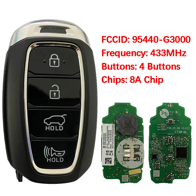 CN020221 오리지널 3버튼 스마트 리모컨 키 FCC 95440-G3000 8A 칩 433MHZ 키리스 고 현대 엘란트라 GT 2018-2019용