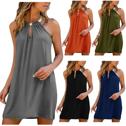 2023 Summer Fashionable New Women's Clothing Slimming Halter Neck Sleeveless Solid Color Casual Glittery Smooth Silhouette Dress