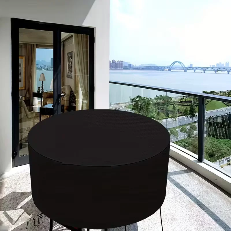 Cover for Round Patio Furniture, Including a Set for Tables And Chairs, Made from Black Oxford Fabric with a Drawstring Feature
