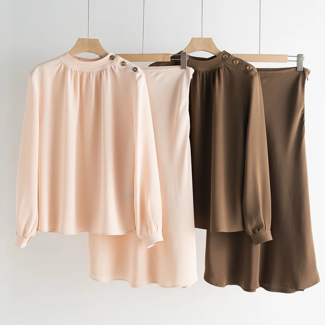 

Silk Clothing Sets for Women Round Neck Shoulder Open Gold Button, Long Sleeve Shirt, Silk Suit Skirt, Spring and Autumn, 2024