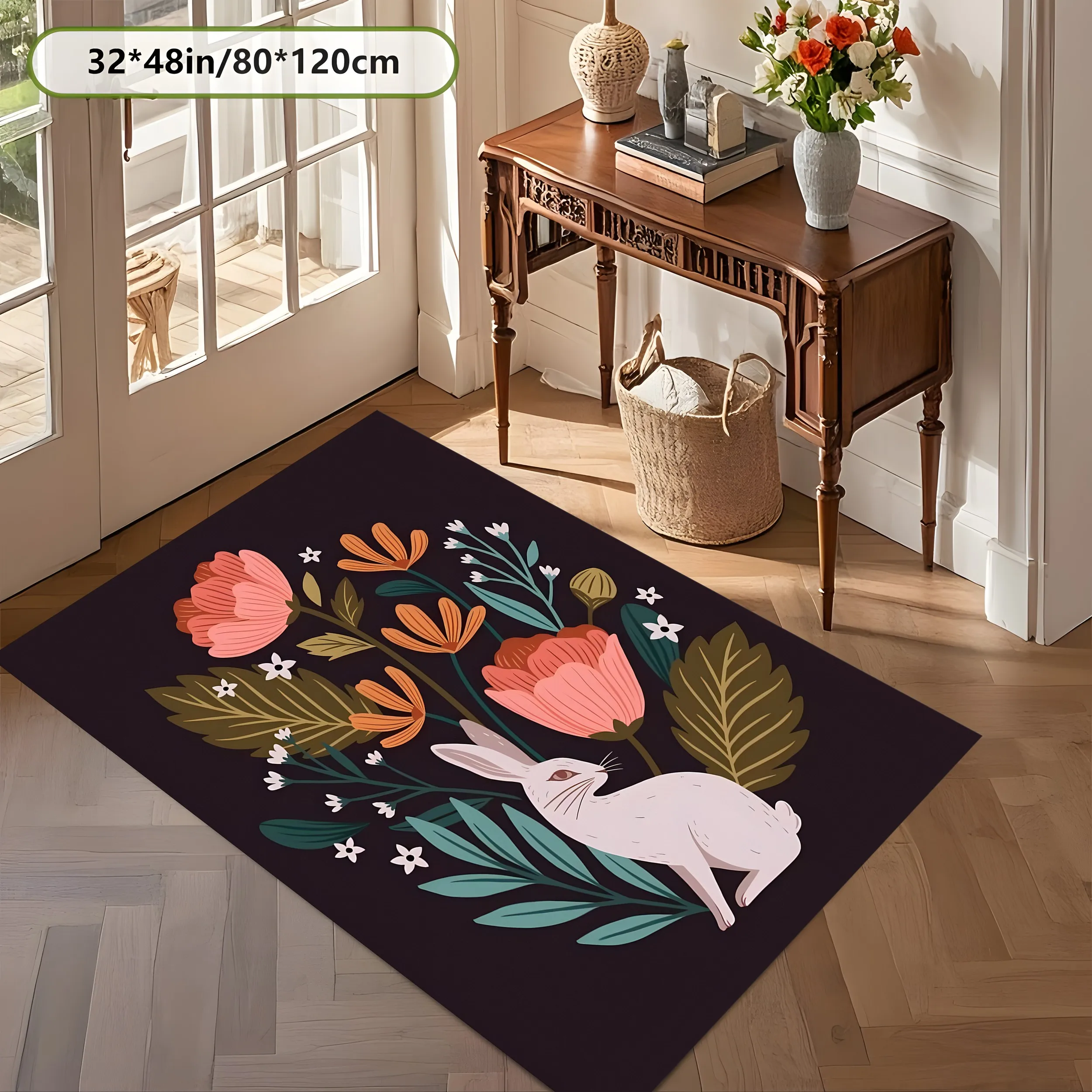2D Large Carpet White Rabbit Floral Retro Forest Style for Living Room Bedroom Bedside