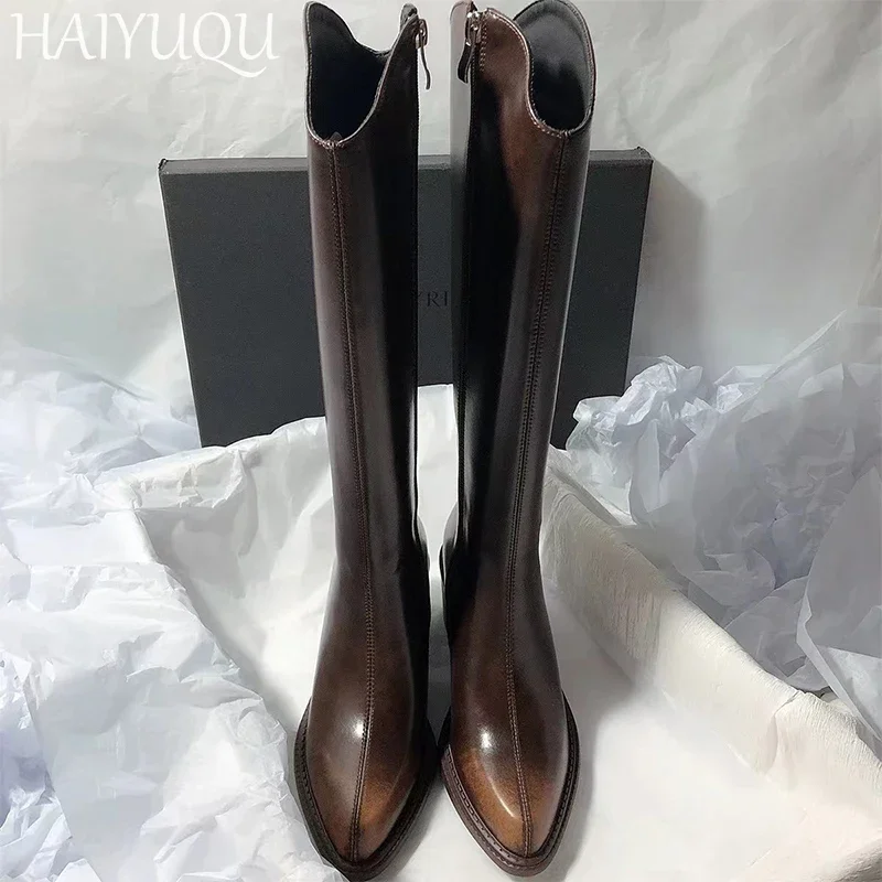 Women Pointed Toe High Boots Leather High Heels Shoes Woman 2025 Trend Fashion Winter Retro Pumps Motorcycle Boots Mujer Botas image 2
