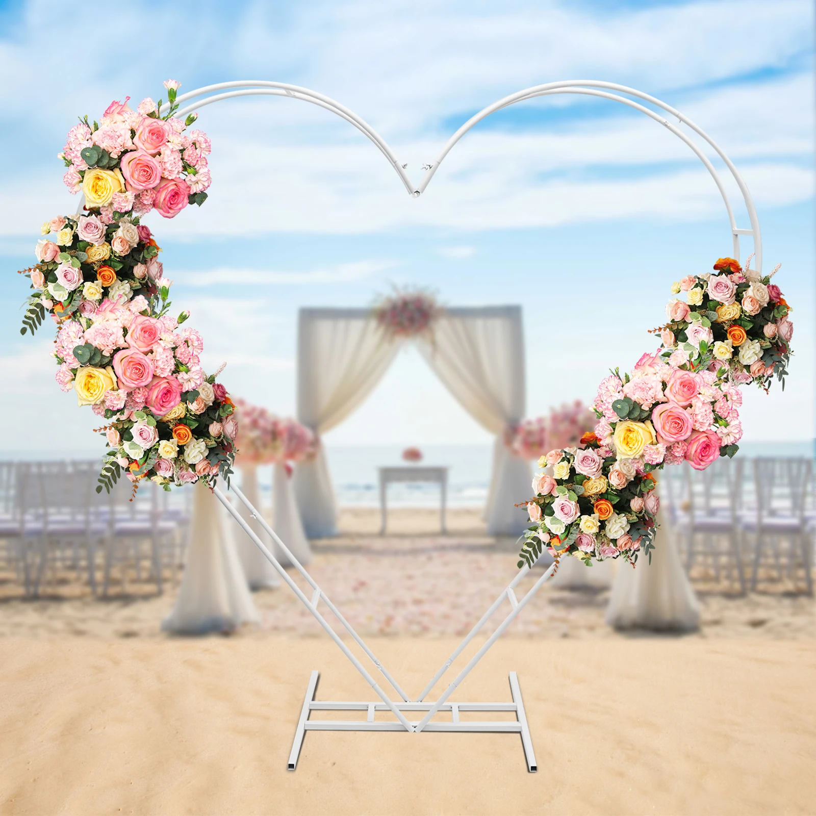 

Heart-Shaped Wedding Arch Stand, Polygonal Free Standing Design, White Steel Frame, Easy to Assemble for Events